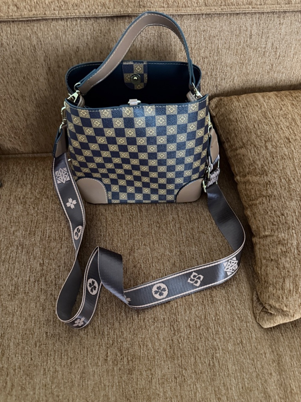 Elegant Brown Checkered Tote Bag with Tan Accents